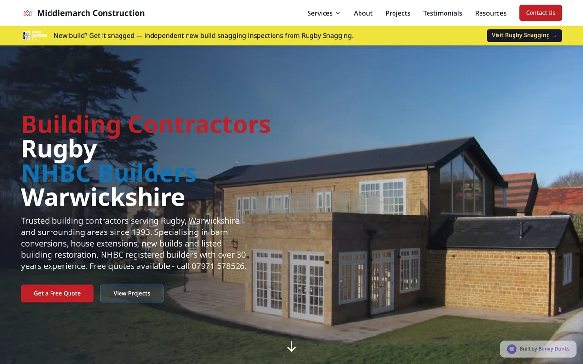 Screenshot of the Middlemarch Construction website homepage, a Warwickshire construction company site built by Benny Dunks.