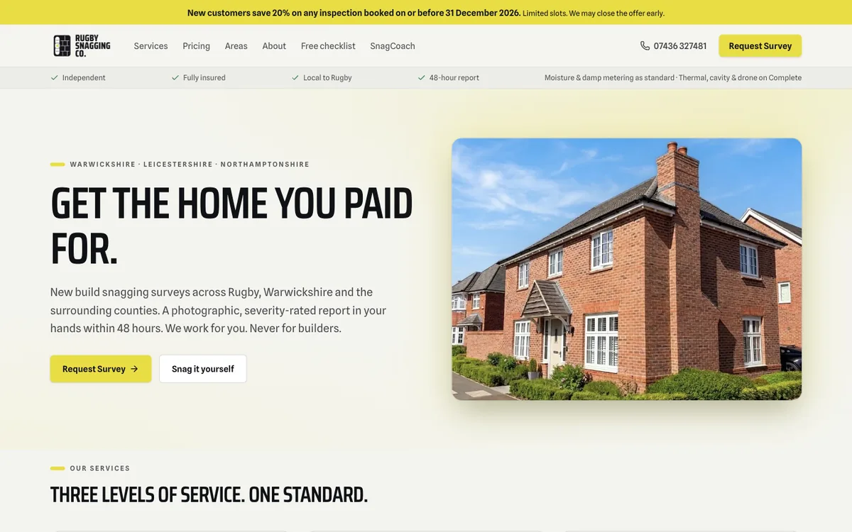 Screenshot of the Rugby Snagging website, a Midlands new-build snagging inspection service site built by Benny Dunks.