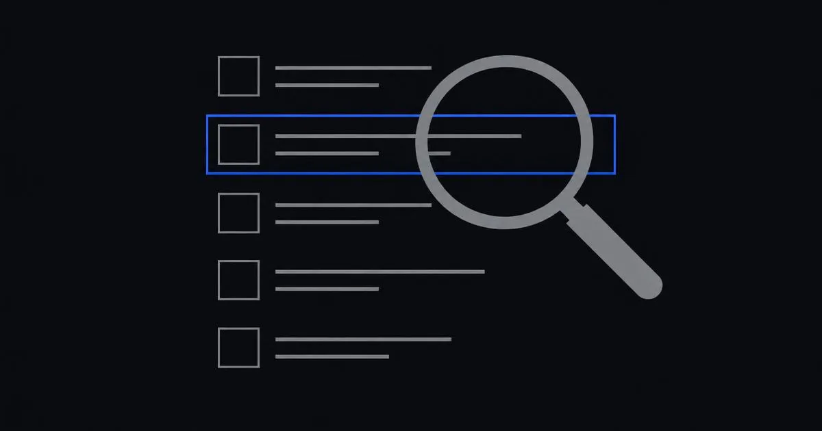 Dark graphic of a magnifier over an empty list of grey search result lines, with one faint result outlined in cobalt blue.