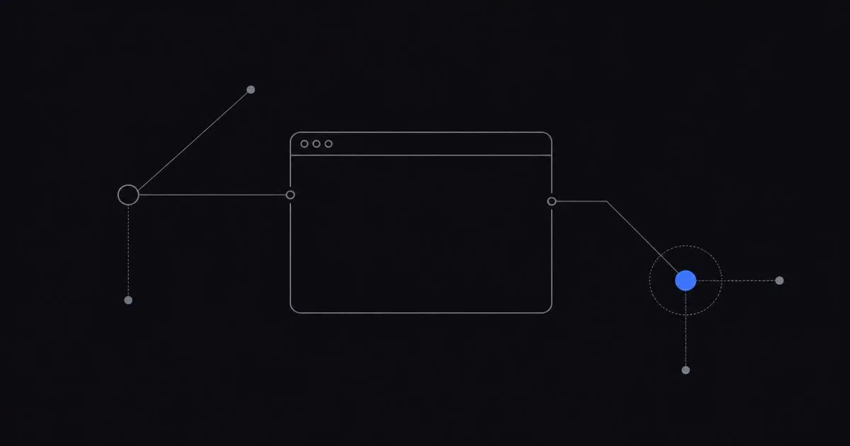 Minimal line drawing of a browser window on a dark background, linked by thin lines to small dots, one of them cobalt blue.