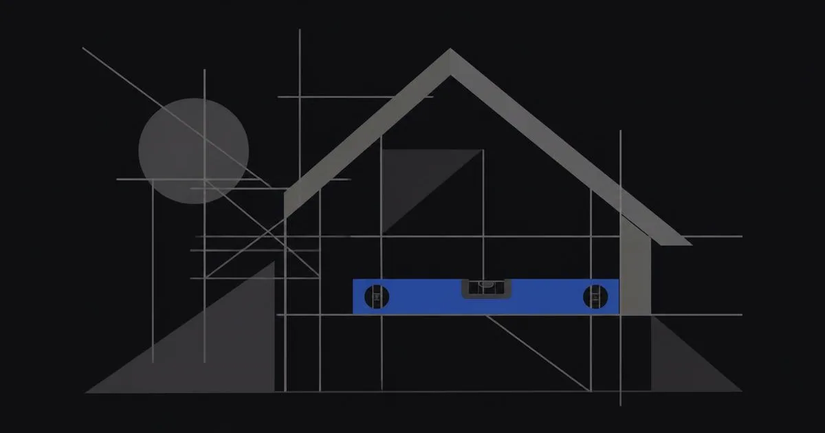 Dark architectural line drawing of a roof outline and scaffold grid, with a cobalt blue spirit level across the middle.